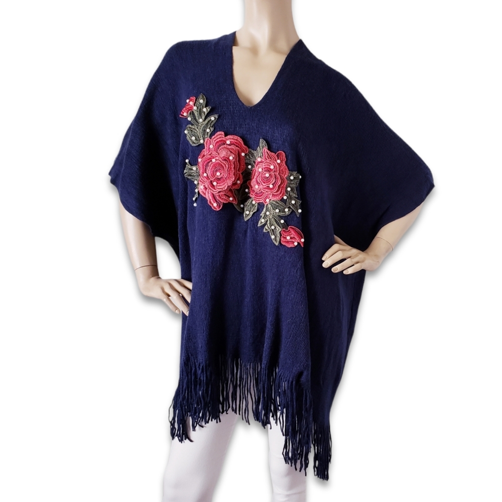 C-Mode Navy Blue Red Rose Embellished & Pearled Fringe Hem Poncho - Picture 5 of 8